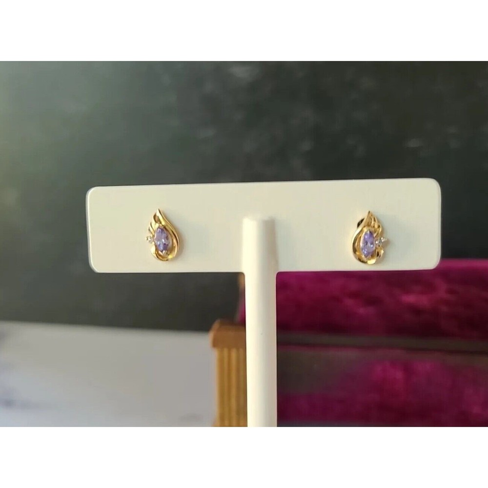 10K Gold Marquise Cut Lolite And Cubic Zirconia Accent Stud Post Earrings